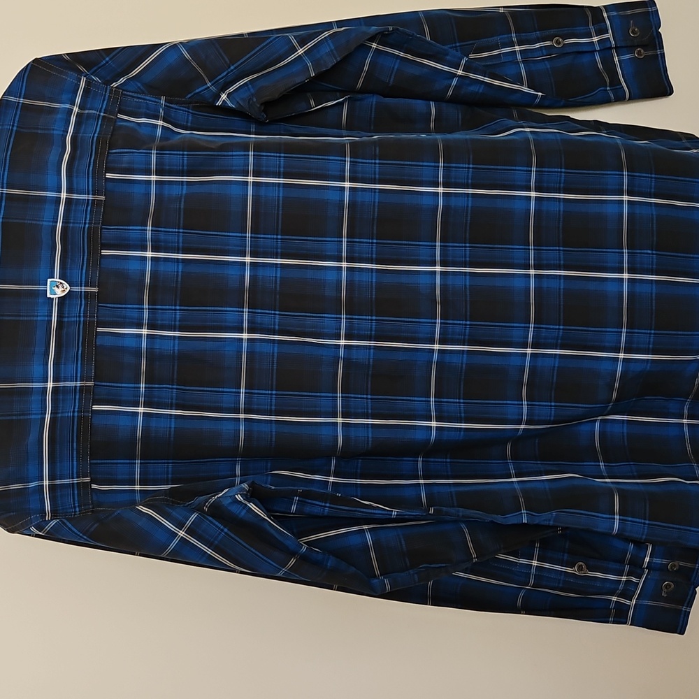 Kuhl Blue Gray White Striped Plaid Button Down Long Sleeve Collar Shirt Mens S - Picture 5 of 8